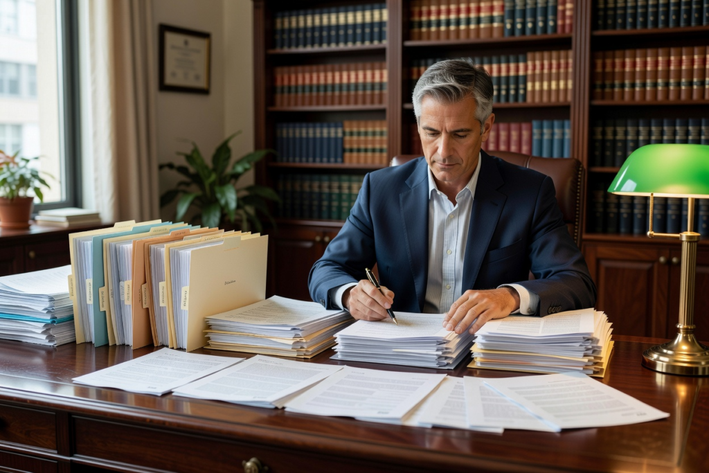 Individual reviewing legal paperwork after an arrest in Las Vegas.