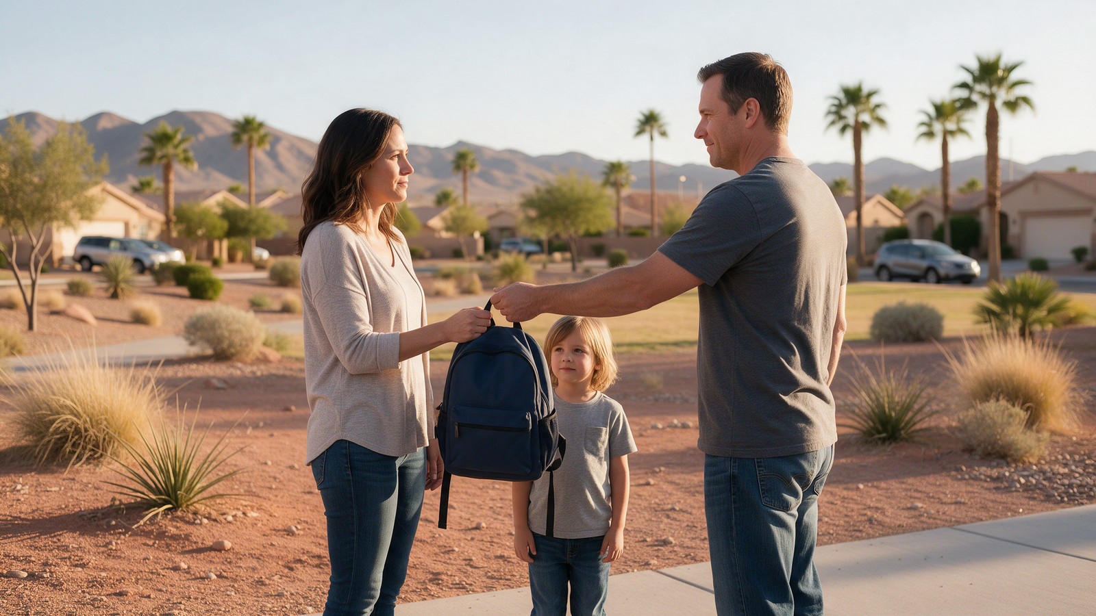 Parents exchanging a child during a Las Vegas custody arrangement